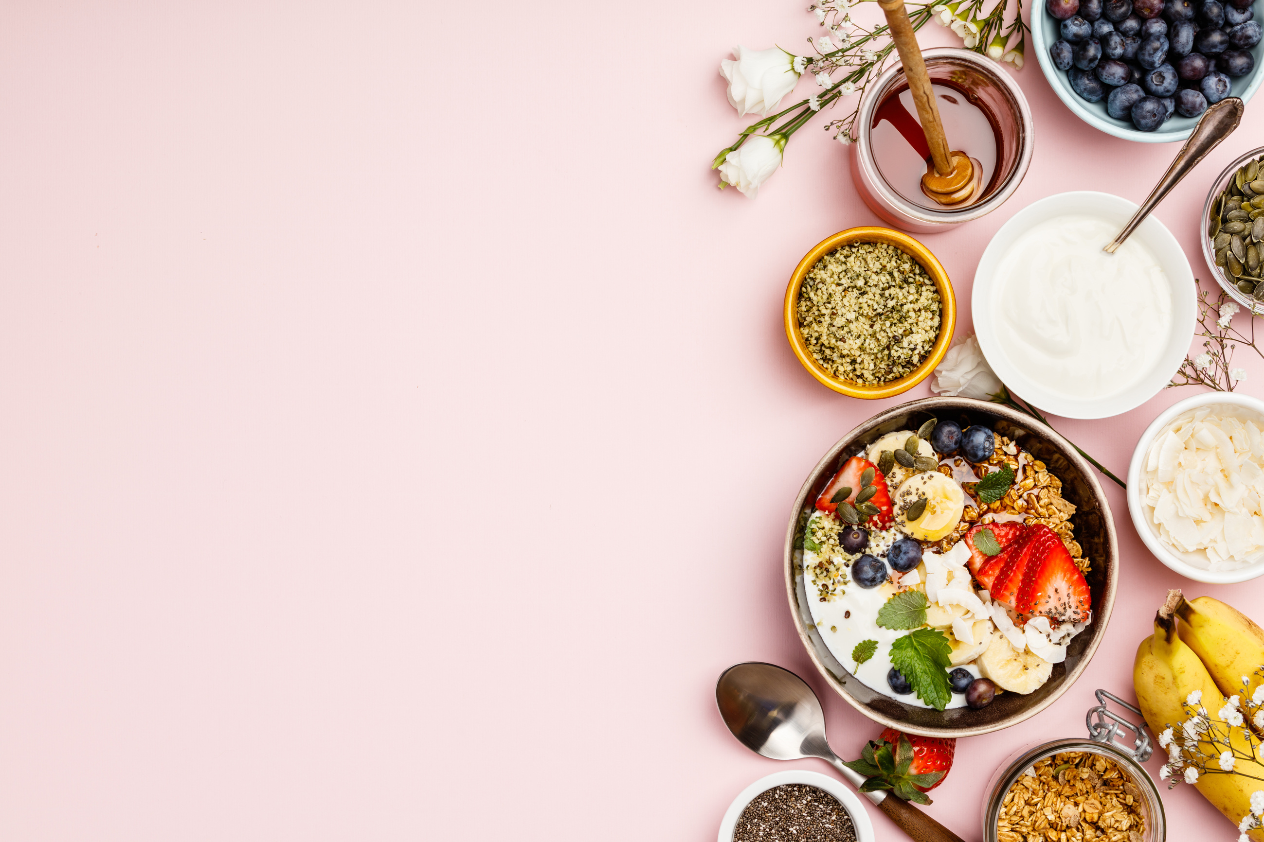 Healthy breakfast set with coffee and granola